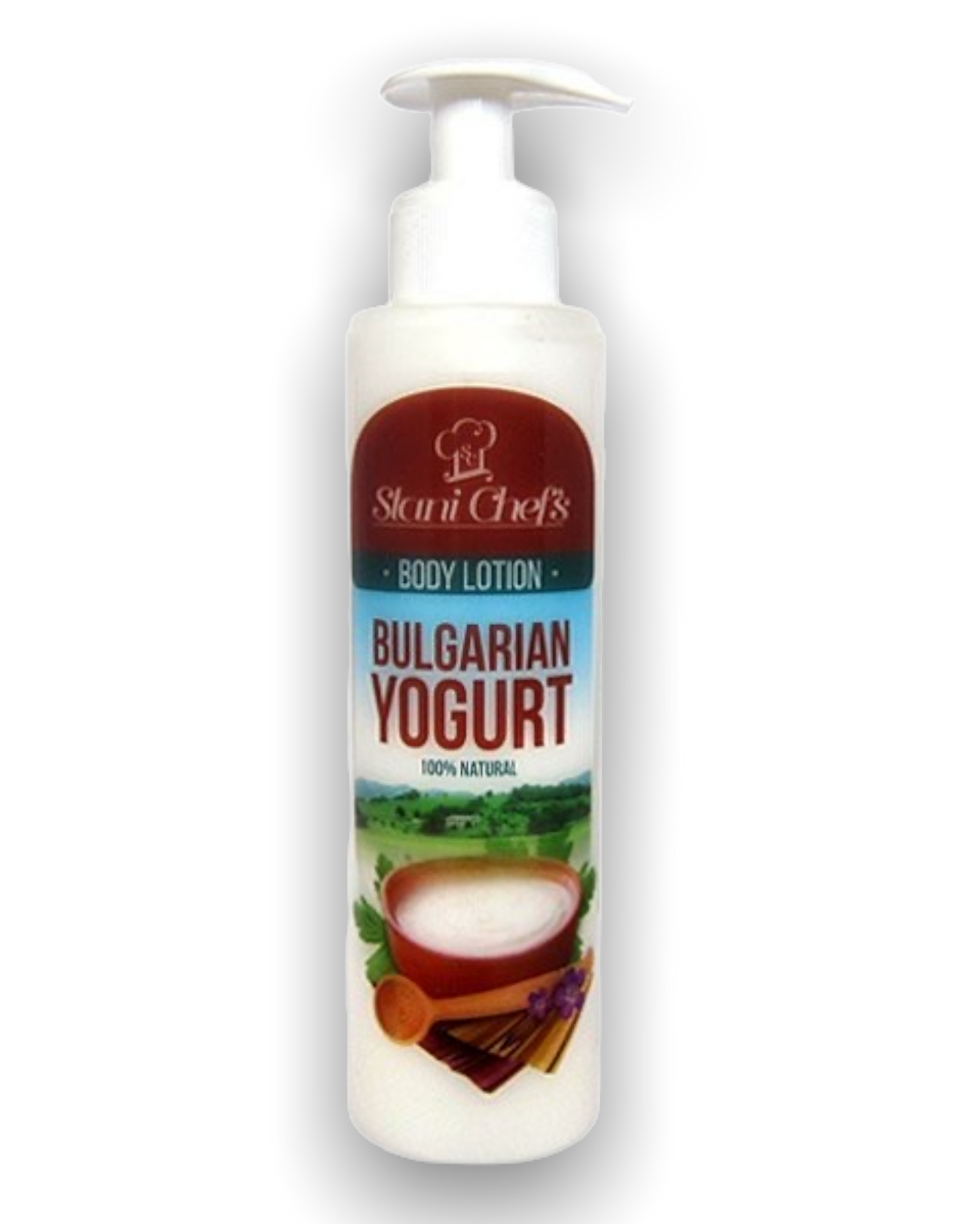 wirkstoffkosmetik natürliche körpermilch bulgarischer joghurt von hristina und stani chef's in einer weissen pumpflasche darauf abgebildet ist ein voller krug mit joghurt und darüber sieht man grüne wiesen und einen blauen himmel